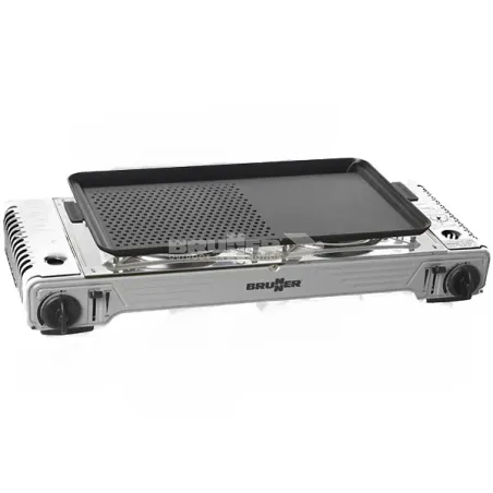 Réchaud Brunner COOKER DEVIL DOUBLE GRILL avec allumage piezo-éléctrique integré et bruleurs en aluminium. Flux du gaz réglable.