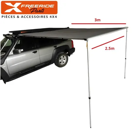 Auvent pliable avec structure de fixation facile et rapide à déployer, de 2.5M de large x 3M ouvert. De très bonne qualité