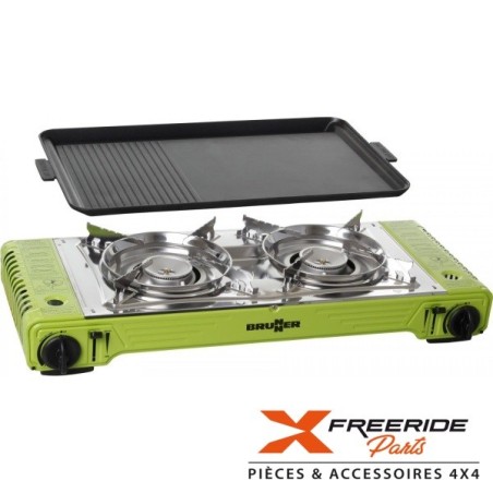 Réchaud Brunner COOKER DEVIL DOUBLE GRILL avec allumage piezo-éléctrique integré et bruleurs en aluminium. Flux du gaz réglable