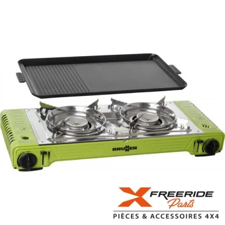 Réchaud Brunner COOKER DEVIL DOUBLE GRILL avec allumage piezo-éléctrique integré et bruleurs en aluminium. Flux du gaz réglable